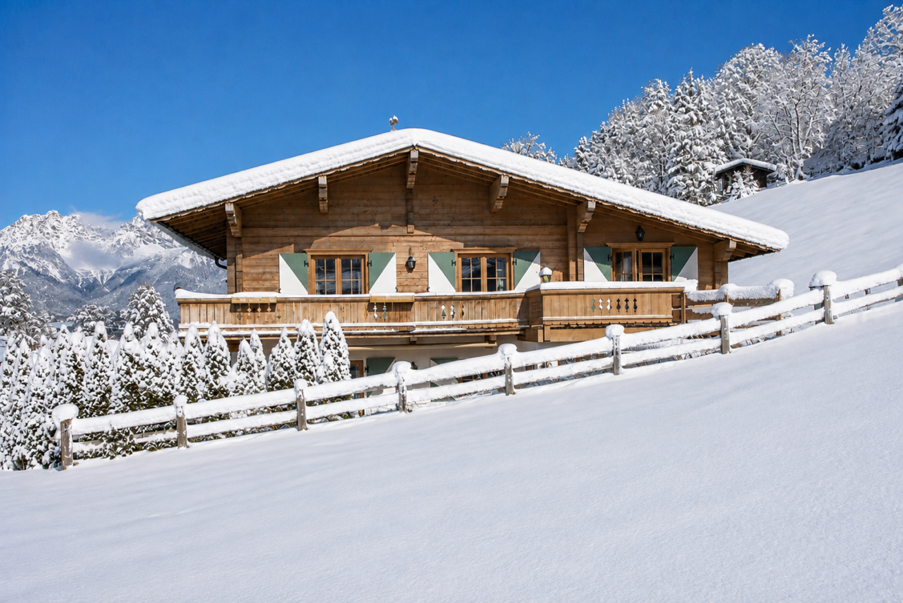 Kitz Chalet in Kitzbühel im Winter mit viel Schnee und verschneiter Berglandschaft